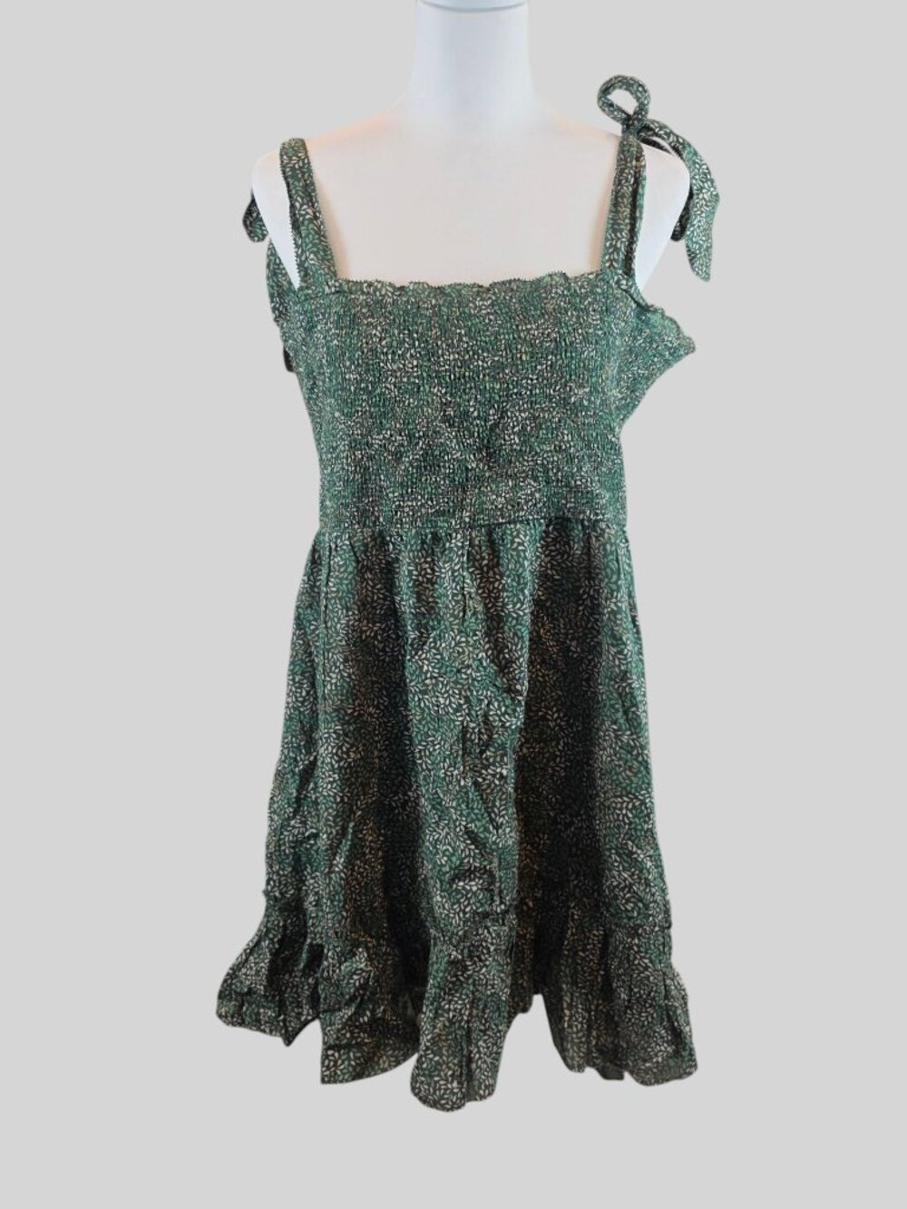 Aerie Green Leaf Print Smocked Tie Strap Ruffle Hem Dress